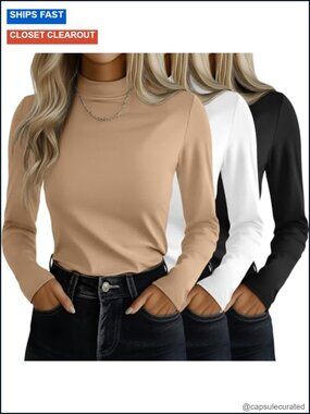 3 Pack Women's Mock Turtleneck Long Sleeve Slim Fit Stretch Pullover Tee Shirts